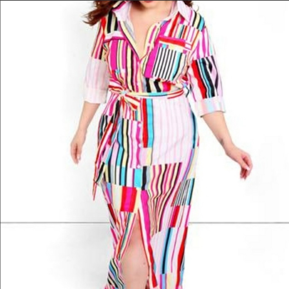 Button front striped maxi dress